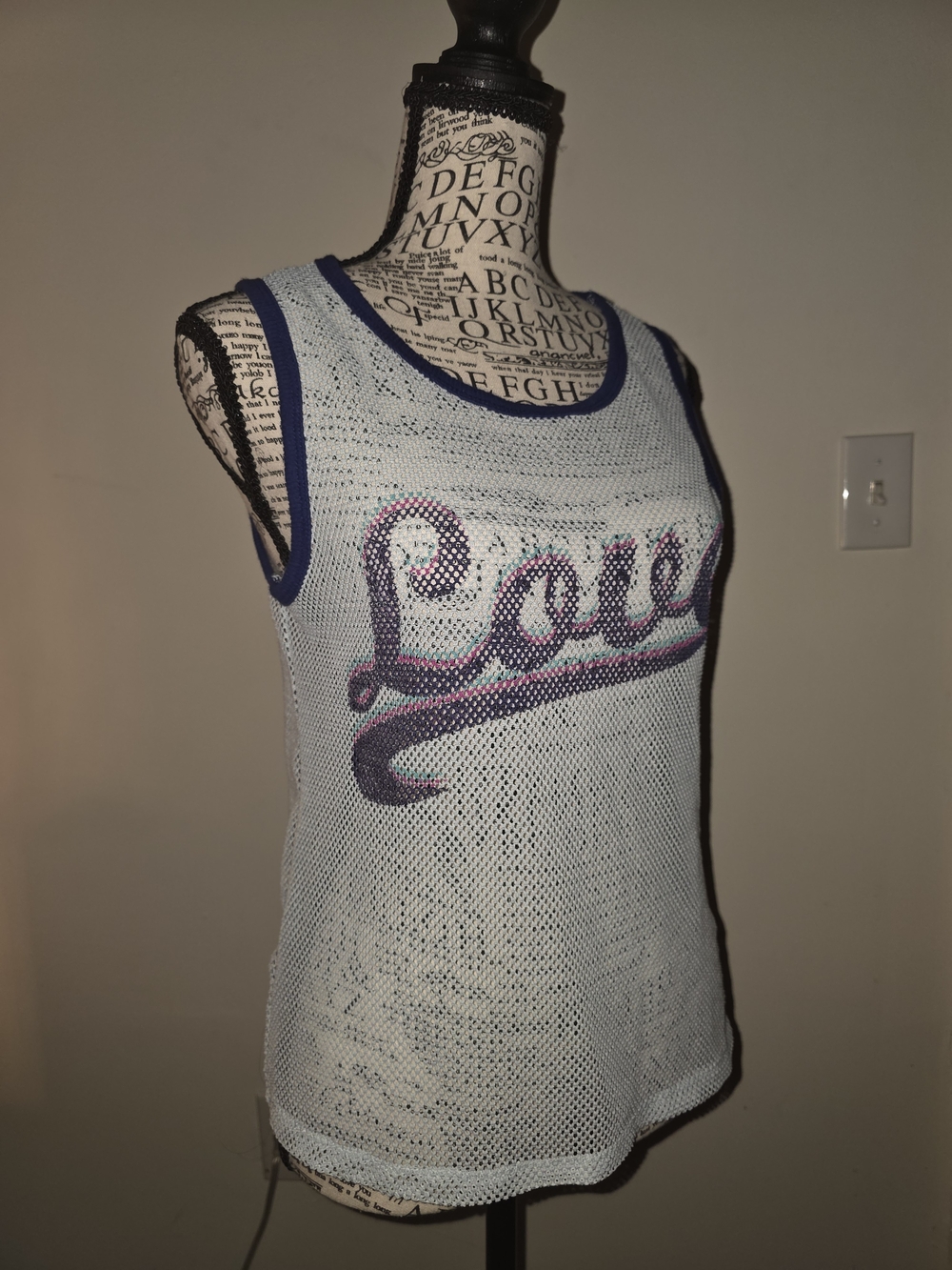 Weavers Mesh Jersey Tank Top with Navy Trim and Purple-Pink 'Love' Script